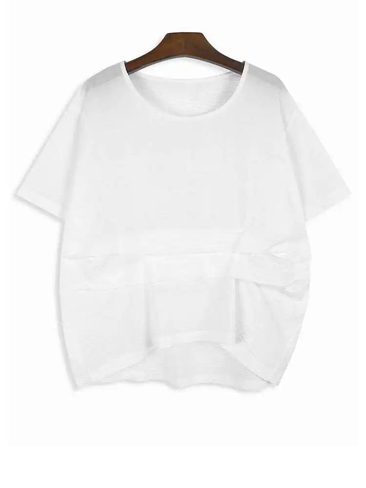 Women Yellow Irregular Pleated Big Size Casual T-shirt New Round Neck Short Sleeve Fashion Tide Spring Summer 2025 1DH5679