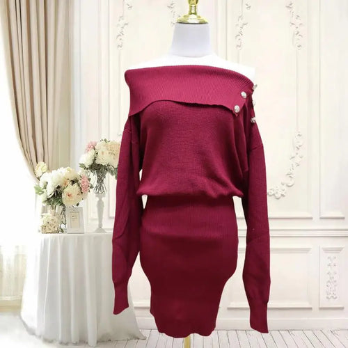 Load image into Gallery viewer, Autumn Winter Vintage Solid Elegant Off Shoulder Long Sleeve Mini Dress Women French High Waist Button Knitted Mini Dress Simple
