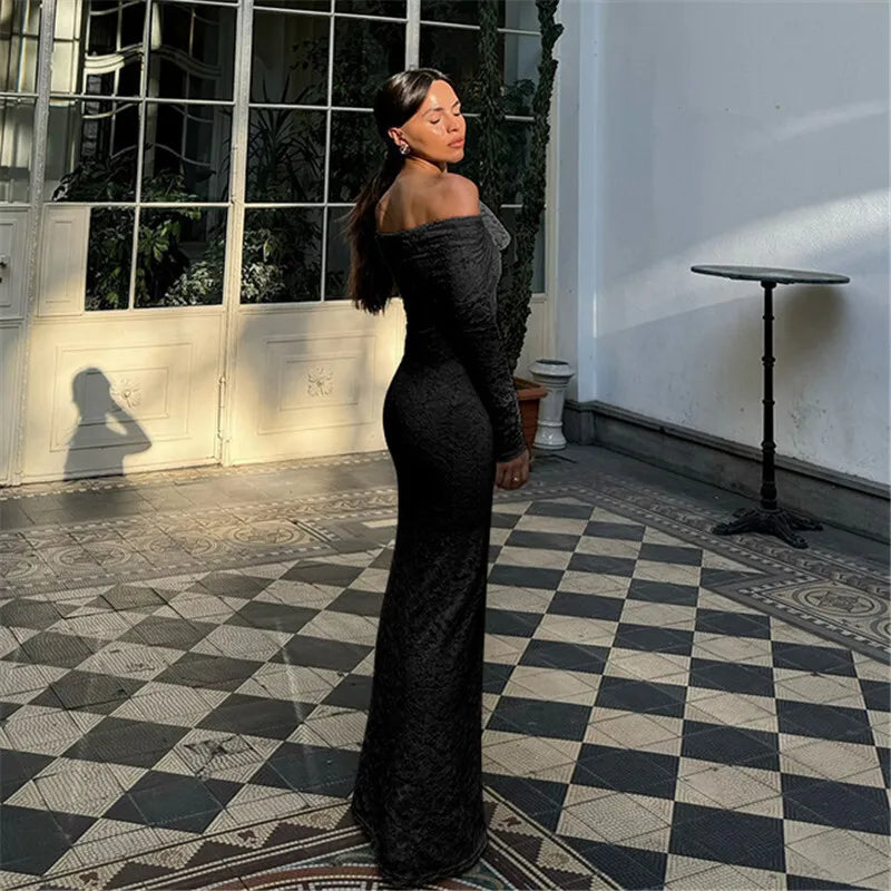 Lace Off-shoulder Sexy Maxi Dress For Women White Strapless Long Sleeve Backless Bodycon Club Party Sexy Long Dress