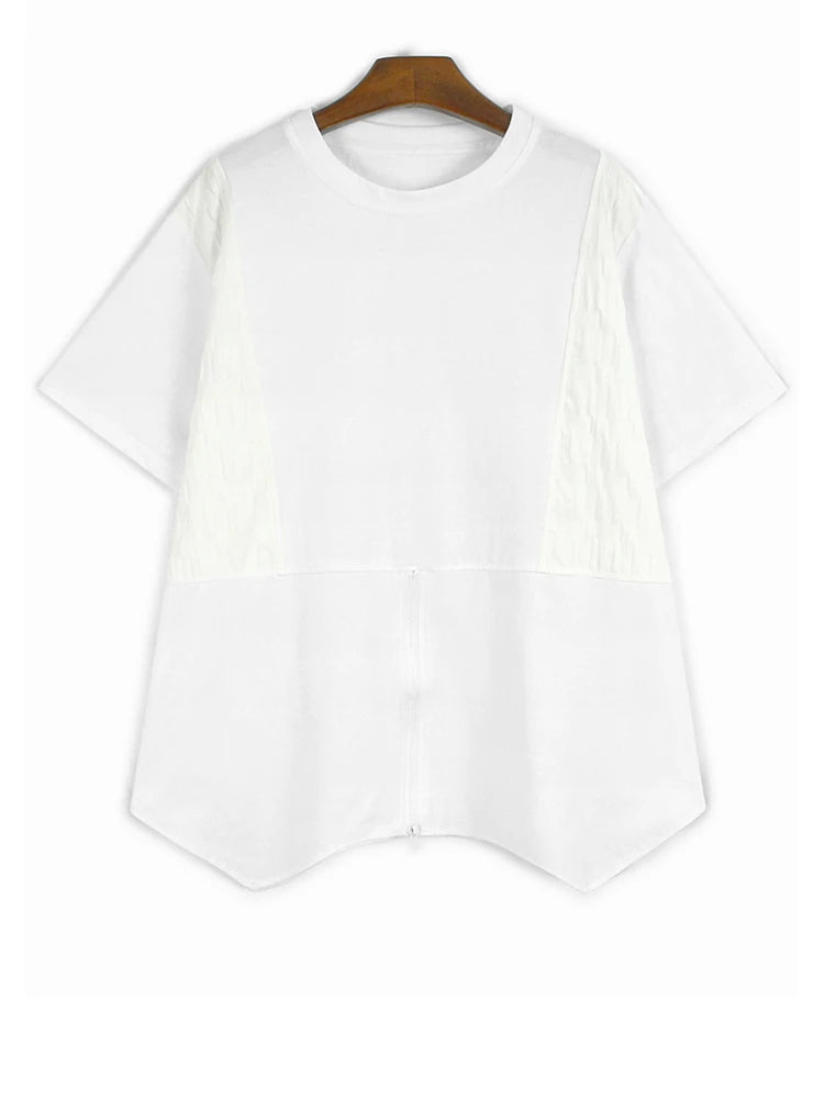 Women Green Plaid Color-block Zipper Big Size T-shirt New Round Neck Short Sleeve Fashion Tide Spring Summer 2025 1DJ0860