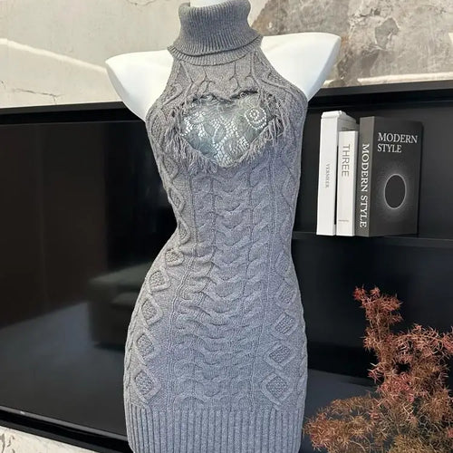 Load image into Gallery viewer, Retro New Two Piece Set Women Grey Lace Elegant Knitted High Neck Sleeveless Knit Slim Dress And Long Sleeve Short Cardigan Tops
