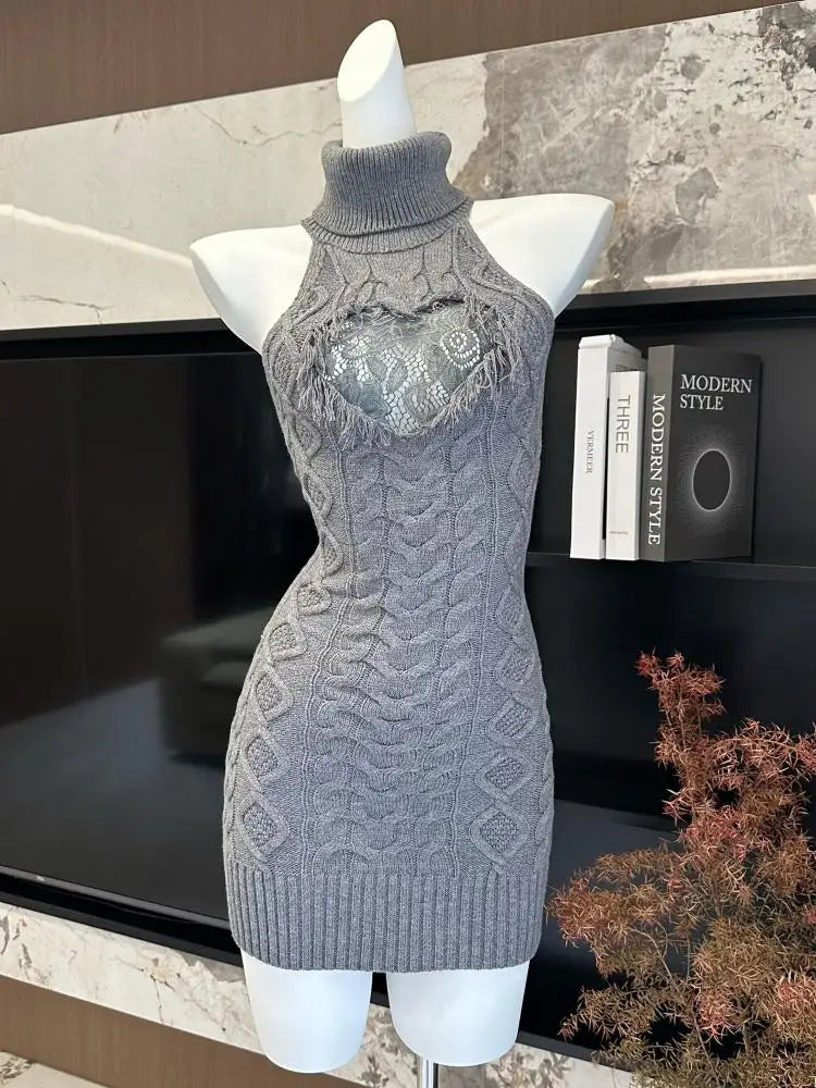 Retro New Two Piece Set Women Grey Lace Elegant Knitted High Neck Sleeveless Knit Slim Dress And Long Sleeve Short Cardigan Tops