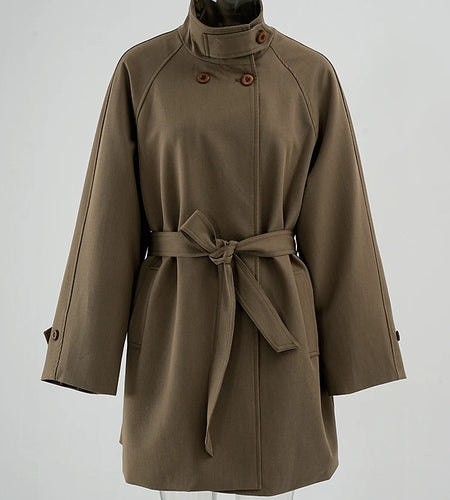 Women Khaki Belted Big Size Elegant Trench New Stand Collar Long Sleeve Windbreaker Fashion Spring Autumn 2025 CPG2261