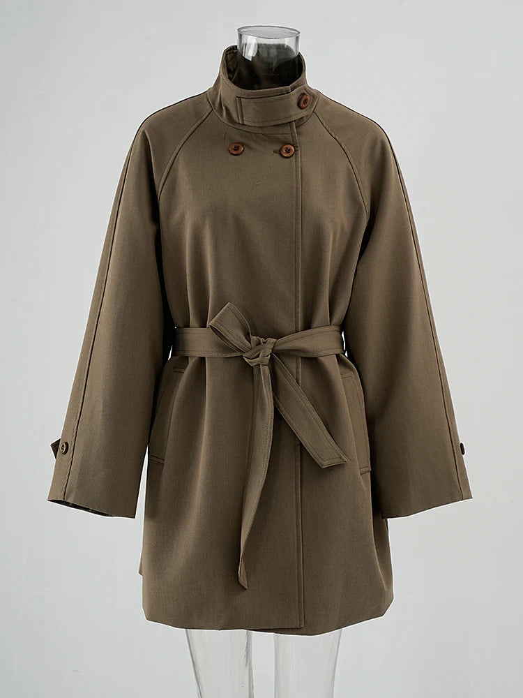 Women Khaki Belted Big Size Elegant Trench New Stand Collar Long Sleeve Windbreaker Fashion Spring Autumn 2025 CPG2261