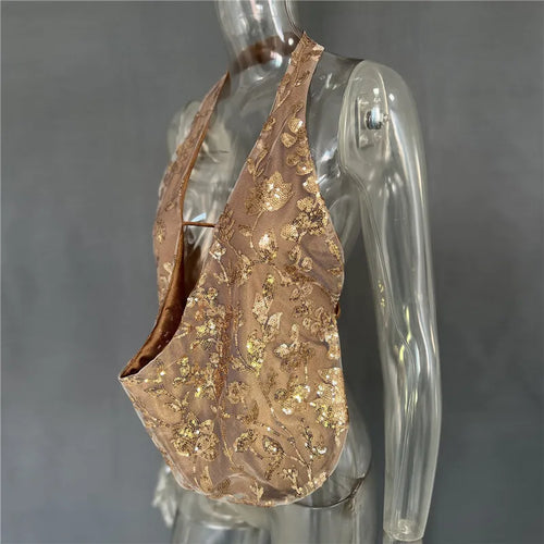 Load image into Gallery viewer, Glitter Deep V Neck Sexy Tank Tops Women Vest Pullovers Summer New Sparkle Backless Cropped Tops Elegant Beach Tops
