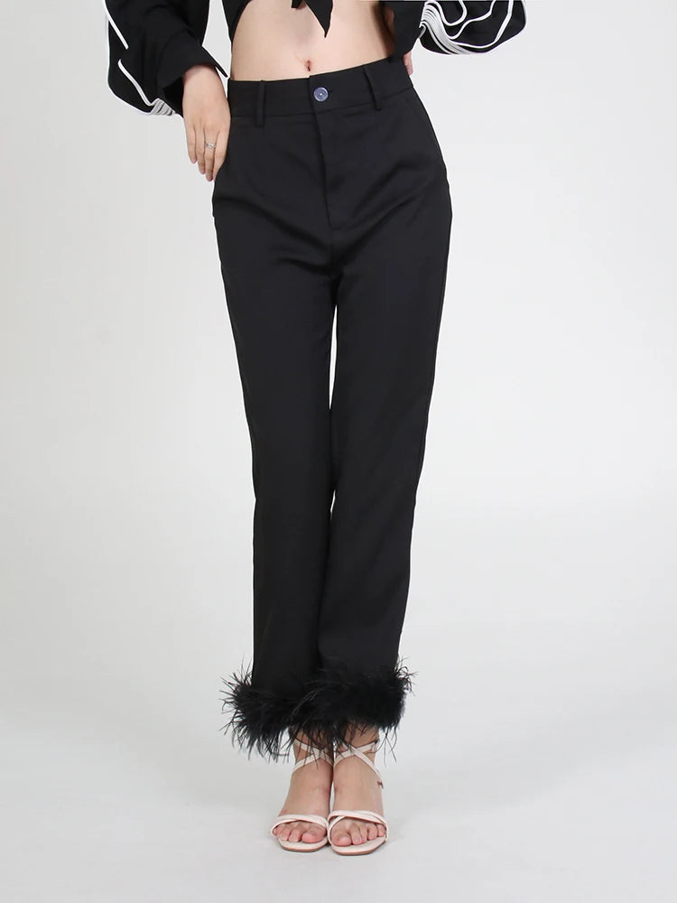 Solid Patchwork Feathers Pants For Women High Waist Solid Minimalist Trousers Female Casual Clothing Style Spring