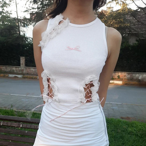 Load image into Gallery viewer, Cutecore Coquette Bow Summer Tank Top Skinny Korean Vest Short Lace Spliced Crop Tops Lolita Tie Up Kawaii Tee Ruched
