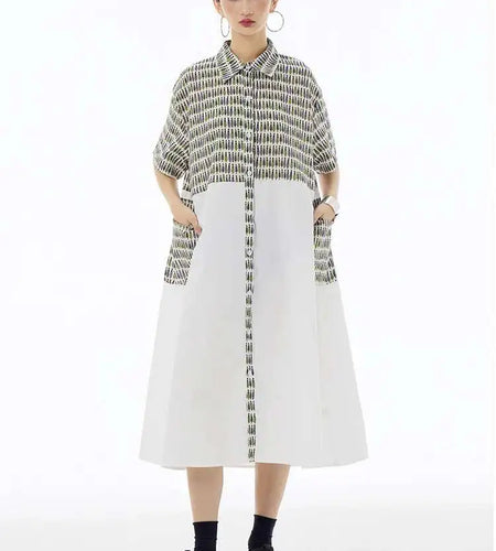 Women Black Printed Color-block Big Size Shirt Dress New Laple Short Sleeve Fashion Tide Spring Summer 2025 1DH6081