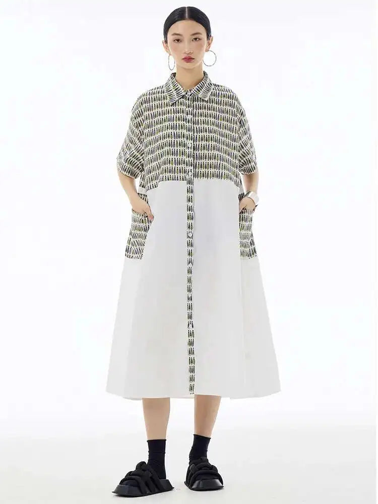 Women Black Printed Color-block Big Size Shirt Dress New Laple Short Sleeve Fashion Tide Spring Summer 2025 1DH6081