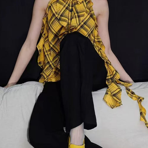 Load image into Gallery viewer, Hit Color Check Slimming Chic Vests For Women O Neck Sleeveless Minimalist Irregular Vest Female Fashion Style New
