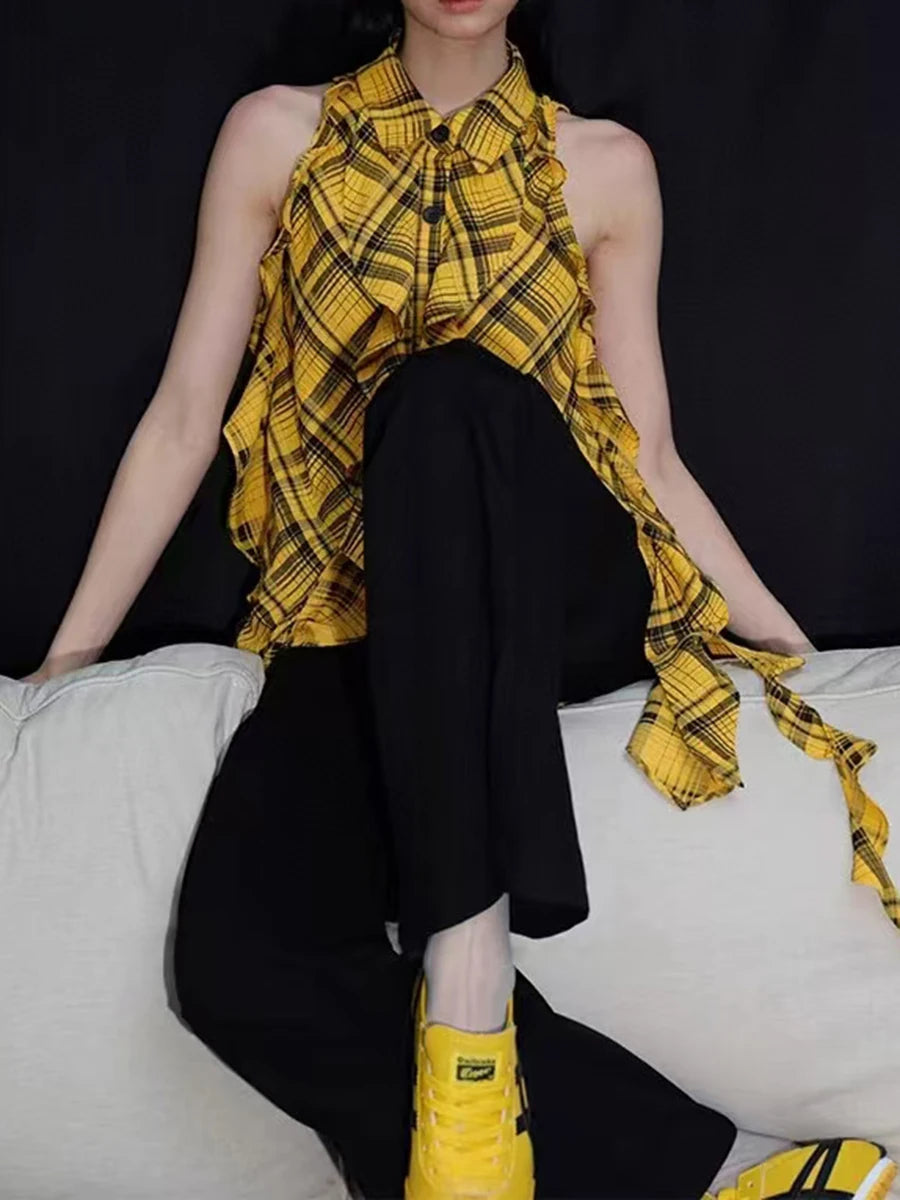 Hit Color Check Slimming Chic Vests For Women O Neck Sleeveless Minimalist Irregular Vest Female Fashion Style New