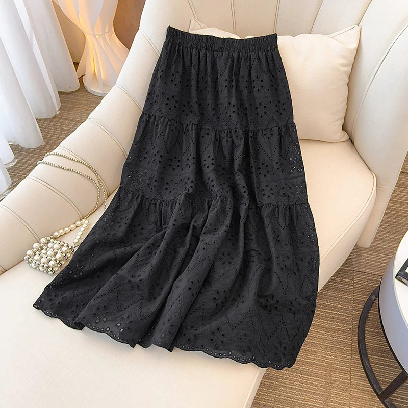 Ladies Black White Temperament Long Skirt Spring Summer Beige Embroidery Hollow Out A-line Skirts For Women Clothing Streetwear