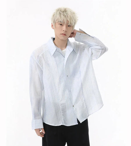 Men's Shirts New Summer Korean Turn-down Collar Casual Style Stripe Tie Dyeing Long Sleeve Trendy Male Shirt 9W1595