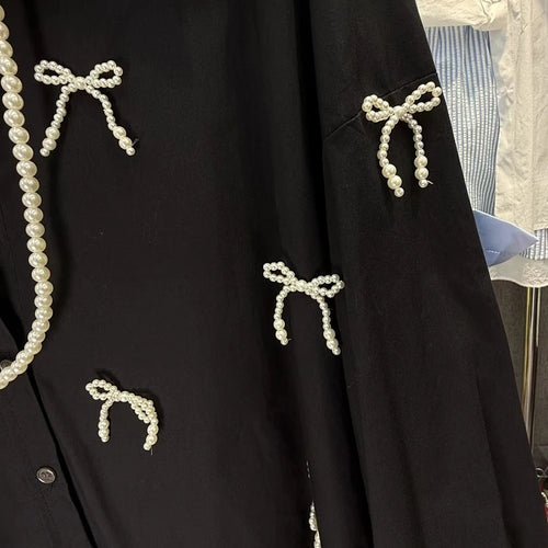 Load image into Gallery viewer, Solid Spliced Pearl Loose Blouses For Women Lapel Long Sleeve Loose Casual Shirts Female Fashion Style Clothes New
