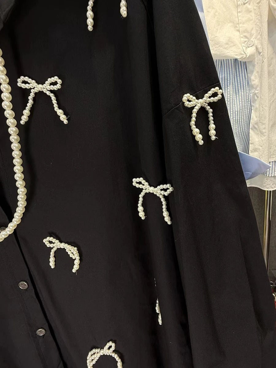 Solid Spliced Pearl Loose Blouses For Women Lapel Long Sleeve Loose Casual Shirts Female Fashion Style Clothes New