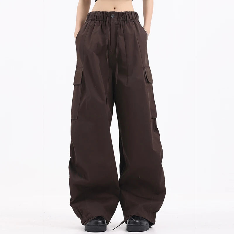 Large Pocket Men's Wide Leg Pants Casual Pleated Drawstring Solid Color Male Cargo Trousers Trendy Spring 9C4195