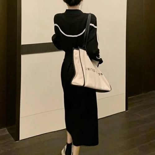 Load image into Gallery viewer, Korean Zip Oversized Black Dress Women Kpop Casual Zipper Solid Striped Long Sleeve Loose Midi Dresses Autumn
