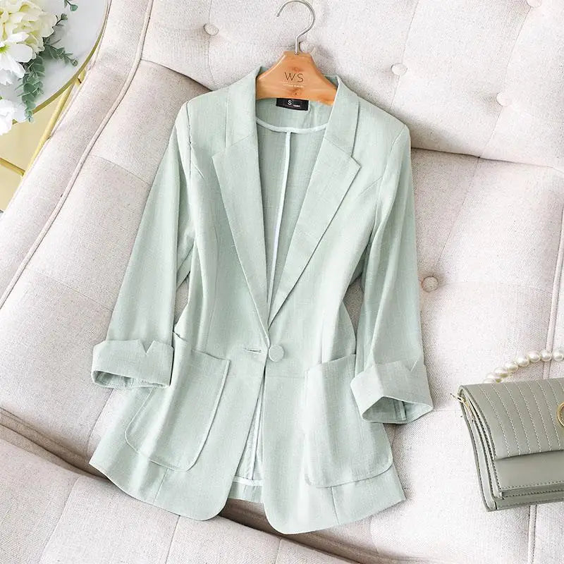 Black White Blazer Tops For Women Chic Elegant Ladies Green Seven-point Sleeve Jacket Spring Summer New 2024 Suit  Fashion Trend
