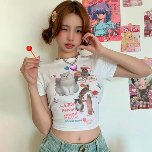 Load image into Gallery viewer, Y2k Aesthetics Crop Top Kawaii Cat Print T-shirt 2000s Cute Kitty Short Sleeve Tee Shirt Harajuku Fairycore Tshirt Sweet
