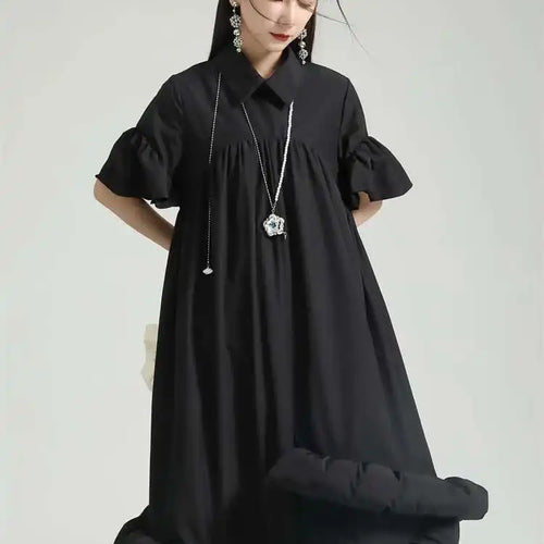 Load image into Gallery viewer, Women White Pleated Hem Ruffles Big Size Shirt Dress New Lapel Short Sleeve Loose Fit Fashion Spring Summer 2025 1DF7190
