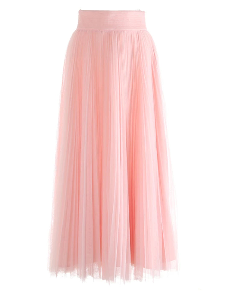 High Elastic Waist Rose Red Mesh Pleated Elegant  A-line Half-body Skirt Women Fashion Tide New Spring Autumn 2025 1DJ1079