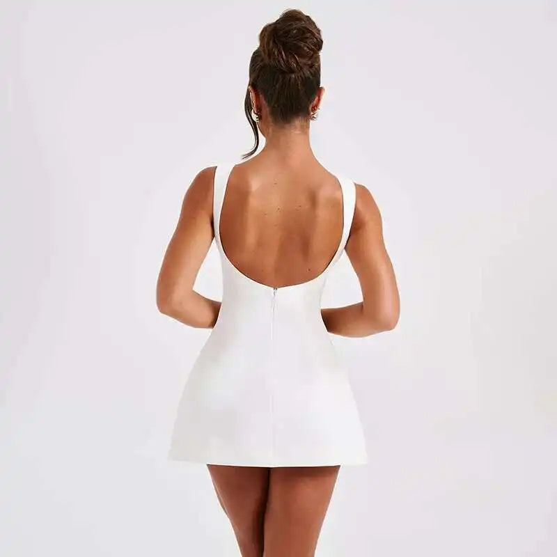 Elegant Backless Mini Tank Dress For Women Fashion Black O Neck Sleeveless Club Party A-line Basics Sexy Dress New