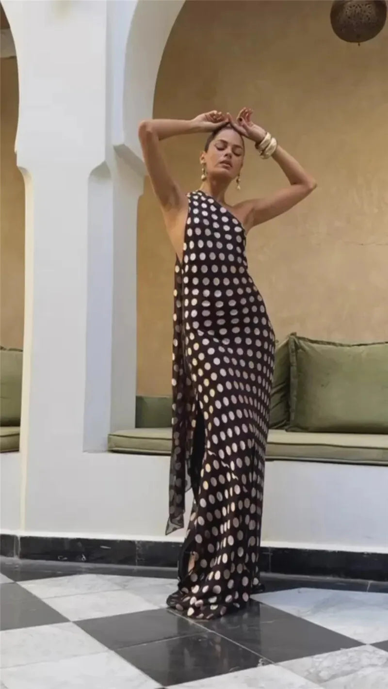 Round Plaid Printed Maxi Dress For Women Gown Halter Off-shoulder Sleeveless Backless Evening Club Long Dress Elegant