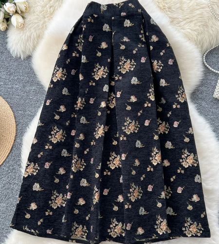 French Retro Women Fashion Bohemian Black Floral Elegant Party Long Skirt Streetwear Autumn Winter High Waist Pleated Skirt Chic