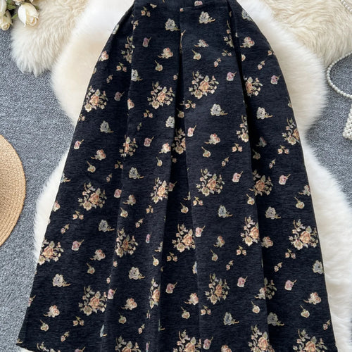 Load image into Gallery viewer, French Retro Women Fashion Bohemian Black Floral Elegant Party Long Skirt Streetwear Autumn Winter High Waist Pleated Skirt Chic
