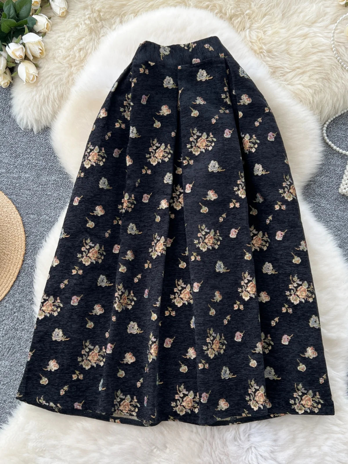 French Retro Women Fashion Bohemian Black Floral Elegant Party Long Skirt Streetwear Autumn Winter High Waist Pleated Skirt Chic