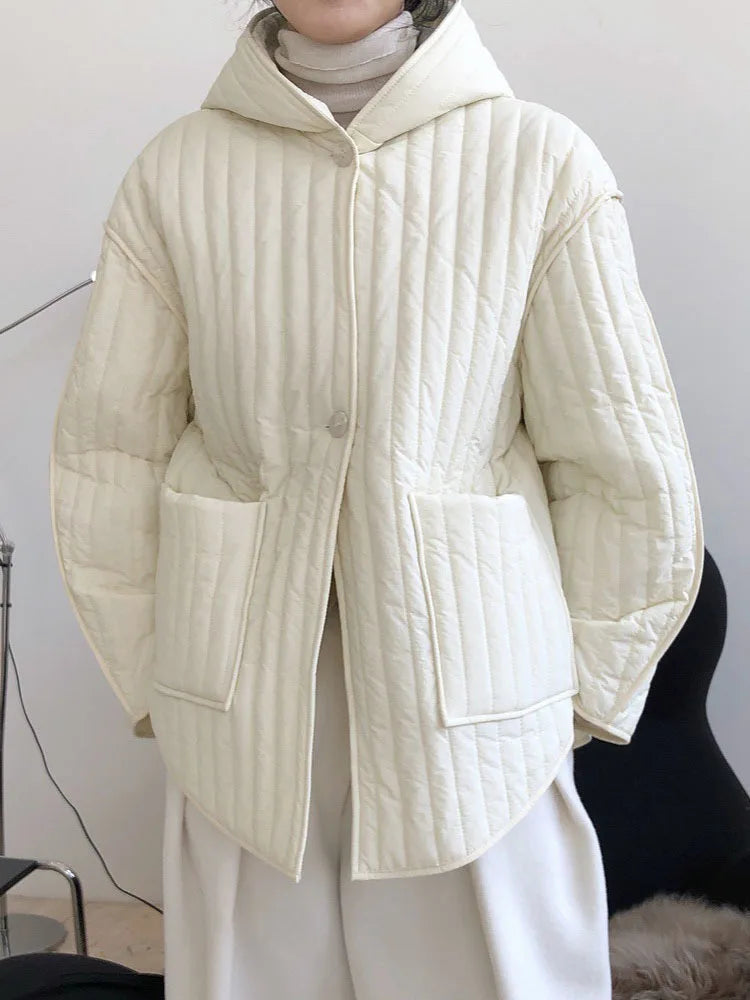 Hooded Beige Big Size Cotton-padded Coat Long Sleeve Loose Fit Women Parkas Fashion Tide New Autumn Winter 2025 1DH3820