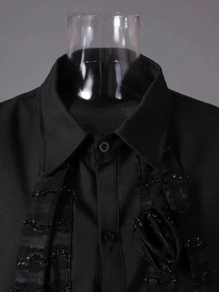 Women Black Three-dimensional Flower Big Size Blouse New Lapel Long Sleeve Shirt Fashion Tide Spring Autumn 2025 CPG2864