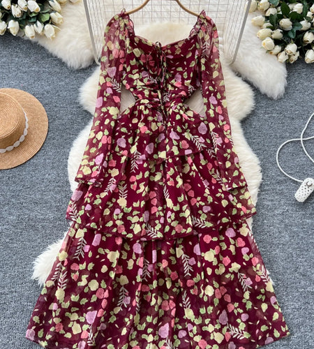 Vintage Autumn Flower Elegant Square Neck Lace-up Cake Dress Women Long Sleeves Festival Pleated Sundress Fashion Bohemian Trend