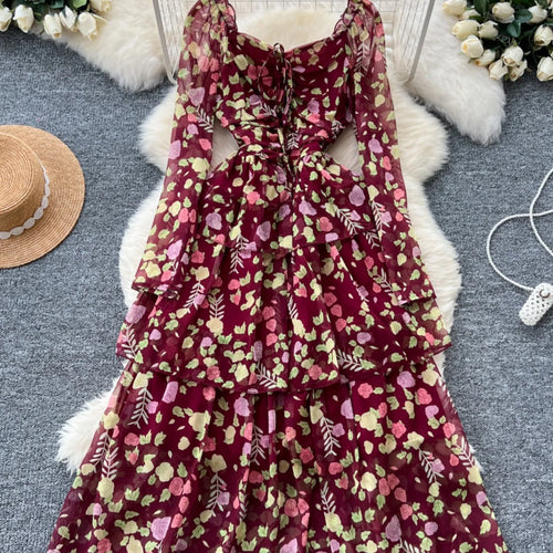 Load image into Gallery viewer, Vintage Autumn Flower Elegant Square Neck Lace-up Cake Dress Women Long Sleeves Festival Pleated Sundress Fashion Bohemian Trend
