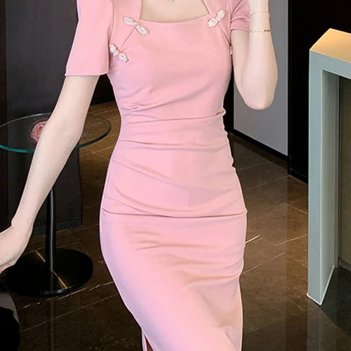 Load image into Gallery viewer, Summer Solid Color Slim Waist Fashion Female Dress Chinese Style Square Neck Pleated Tight Hip Chic Buttons Women Dresses
