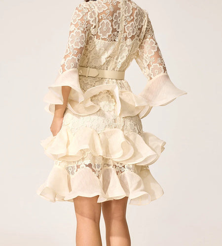 Solid Sheer Spliced Embroidery Dresses for Women Round Neck Half Sleeves Patchwork Ruffles Folds Dress Female New