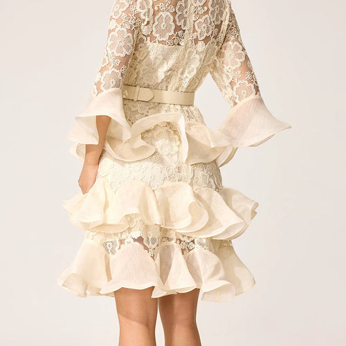 Load image into Gallery viewer, Solid Sheer Spliced Embroidery Dresses for Women Round Neck Half Sleeves Patchwork Ruffles Folds Dress Female New
