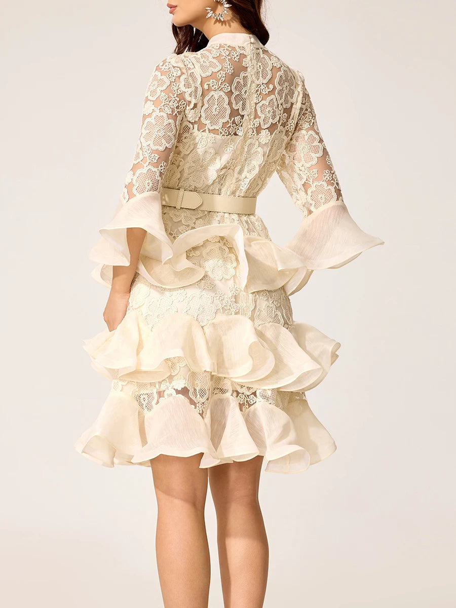 Solid Sheer Spliced Embroidery Dresses for Women Round Neck Half Sleeves Patchwork Ruffles Folds Dress Female New