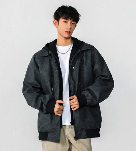 Men Jacket Spring New High Street Contrast Color Fake Two Pieces Hooded Drawstring Solid Color Jackets American Coat 9W1237