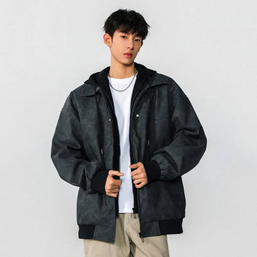 Load image into Gallery viewer, Men Jacket Spring New High Street Contrast Color Fake Two Pieces Hooded Drawstring Solid Color Jackets American Coat 9W1237
