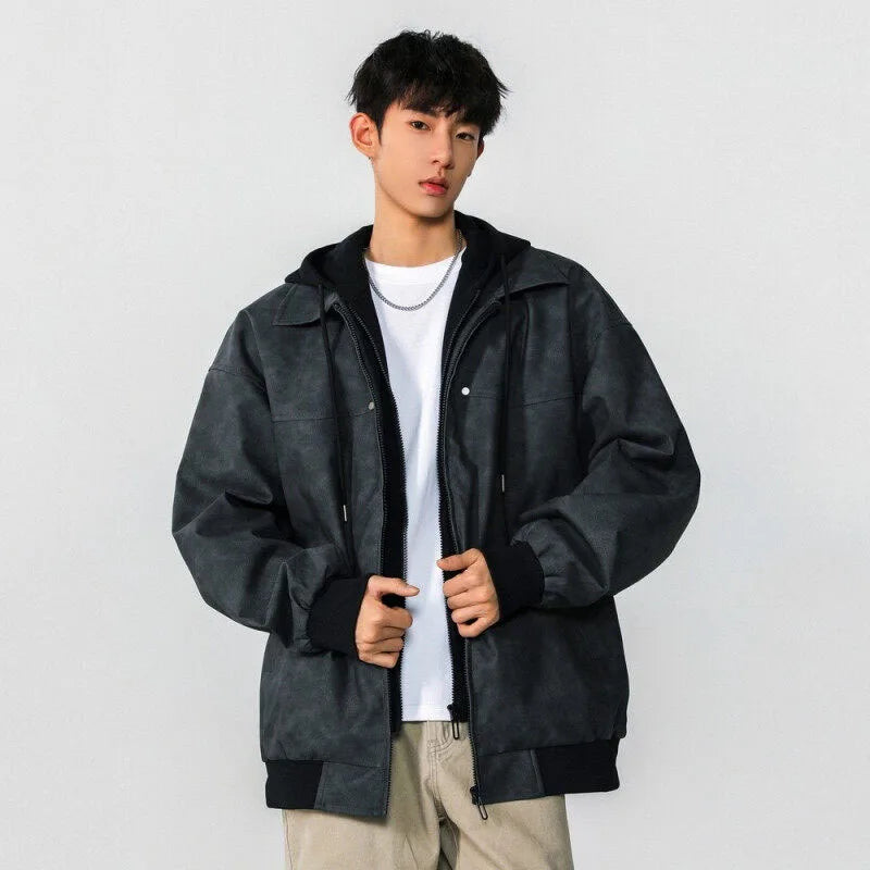 Men Jacket Spring New High Street Contrast Color Fake Two Pieces Hooded Drawstring Solid Color Jackets American Coat 9W1237