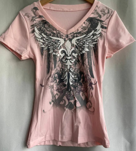 Ropa Mujer Summer Tshirts for Women V-neck Short Sleeve Tunic Camisetas Pink Print Tees Crop Tops Casual Chic Y2k T-shirt