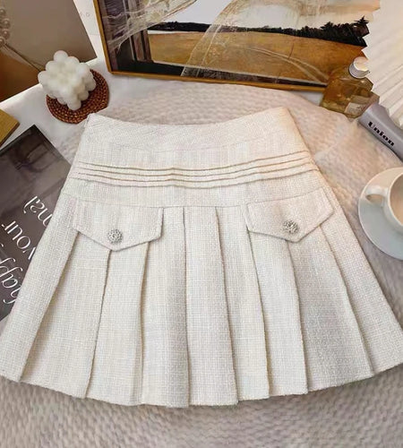 Solid Sexy Club Tweed Pleated Short Skirts For Women High Waist Slim Skirts Autumn Winter 2023 Wool Mini Skirt Korean Versatile