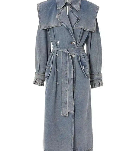 Women Blue Denim Big Size Long Trench New Lapel Long Sleeve Loose Fit Windbreaker Fashion Tide Spring Autumn 2025 17A4709