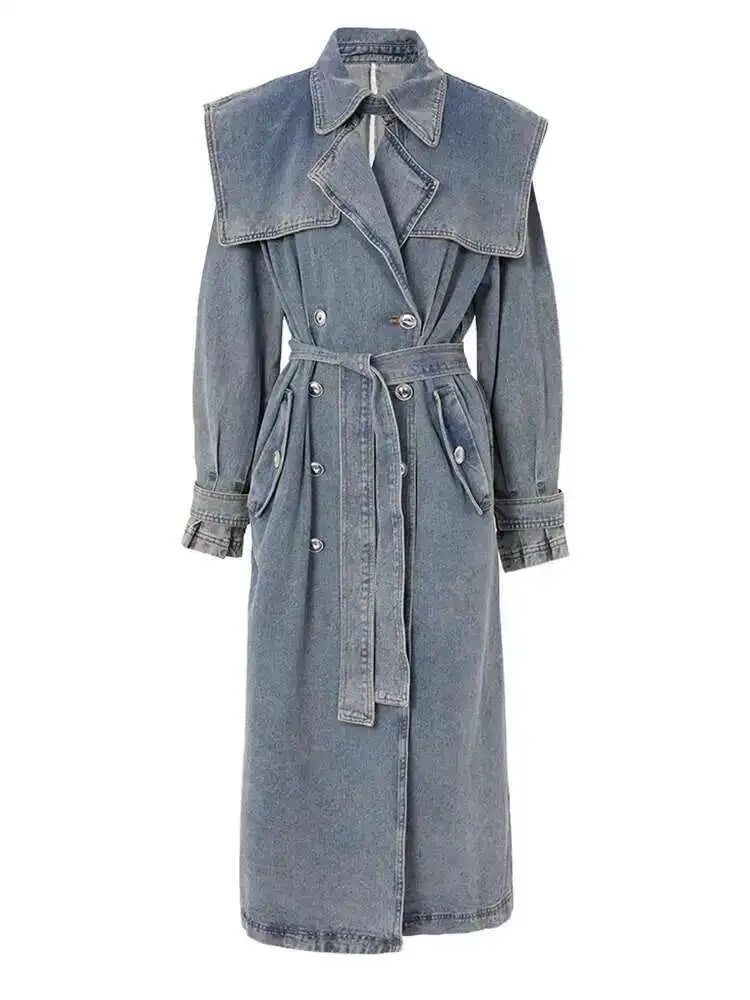 Women Blue Denim Big Size Long Trench New Lapel Long Sleeve Loose Fit Windbreaker Fashion Tide Spring Autumn 2025 17A4709