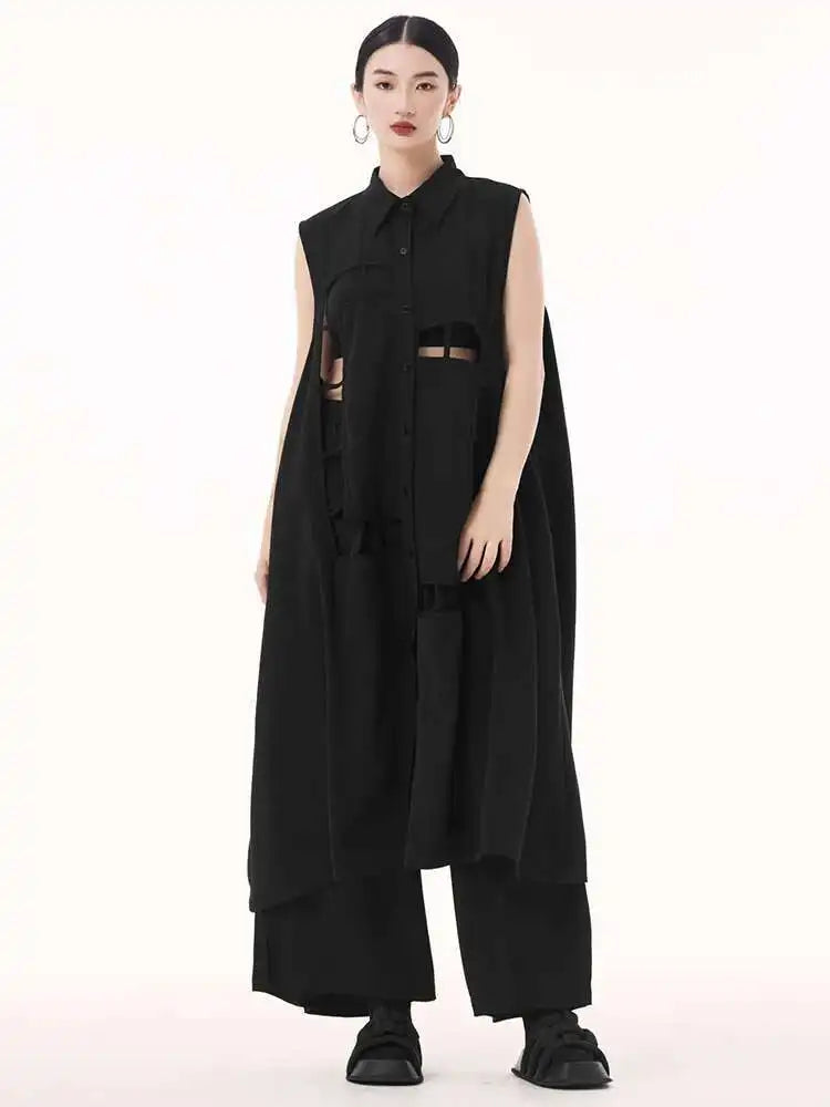 Women Army Green Hollow Out Big Size Midi Casual Dress New Lapel Sleeveless Fashion Tide Spring Summer 2025 1DH9512