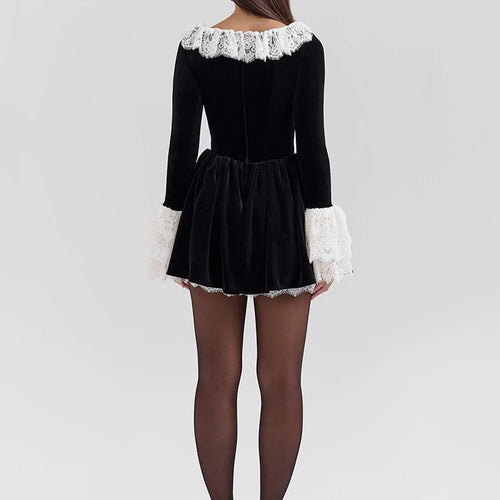 Load image into Gallery viewer, Lace Flare Long Sleeve Sexy Mini Dress Women Black Fashion Square Collar High Waist Pleated Club Party Dress Elegant
