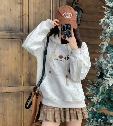 Autumn Winter Women Grey Embroidery Drawstring Hoodie Tops Korean Fashion Casual Street Vacation Cotton Velvet Sweatshirt Thick