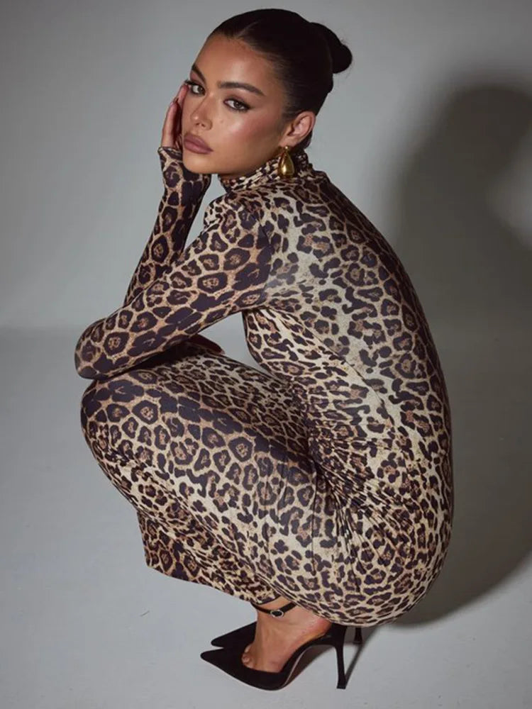 Fashion Autumn/Winter Long Sleeve Leopard Elastic Tight Dress Women Sexy Bodycon Dress Party Club Evening Dress 2025
