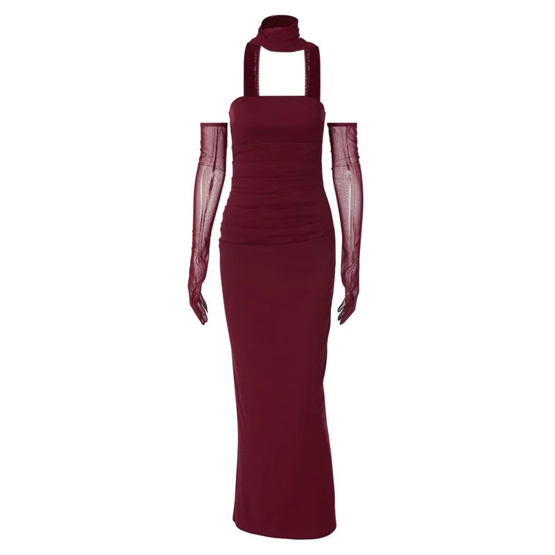 Strapless Backless Sexy Maxi Dress For Women Burgundy Mesh Sleeve Off-shoulder Bodycon Club Party Evening Long Dress